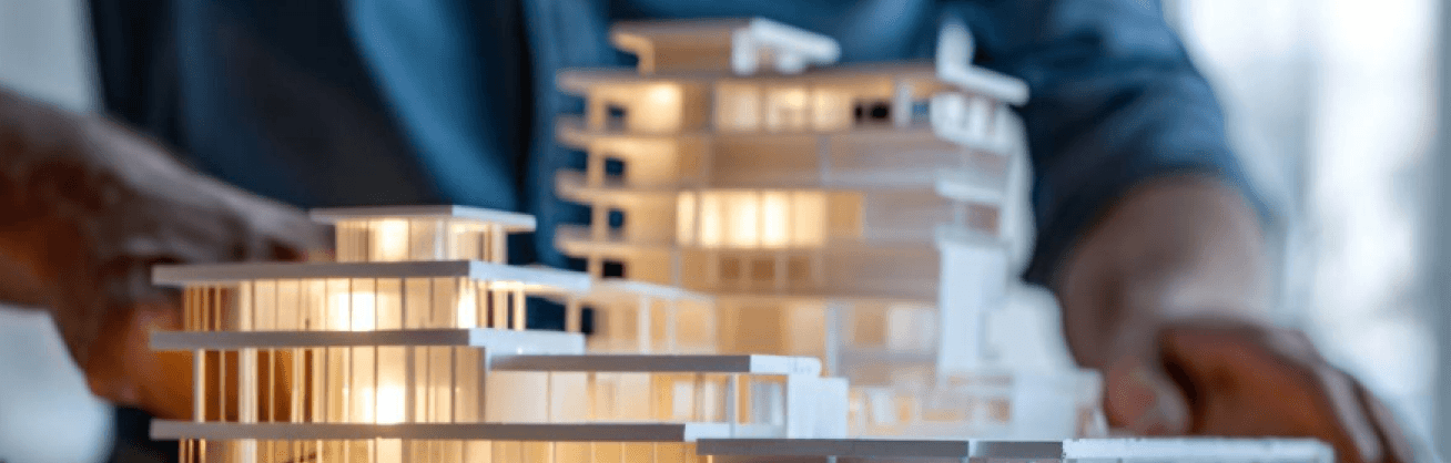 Hands holding holographic city buildings