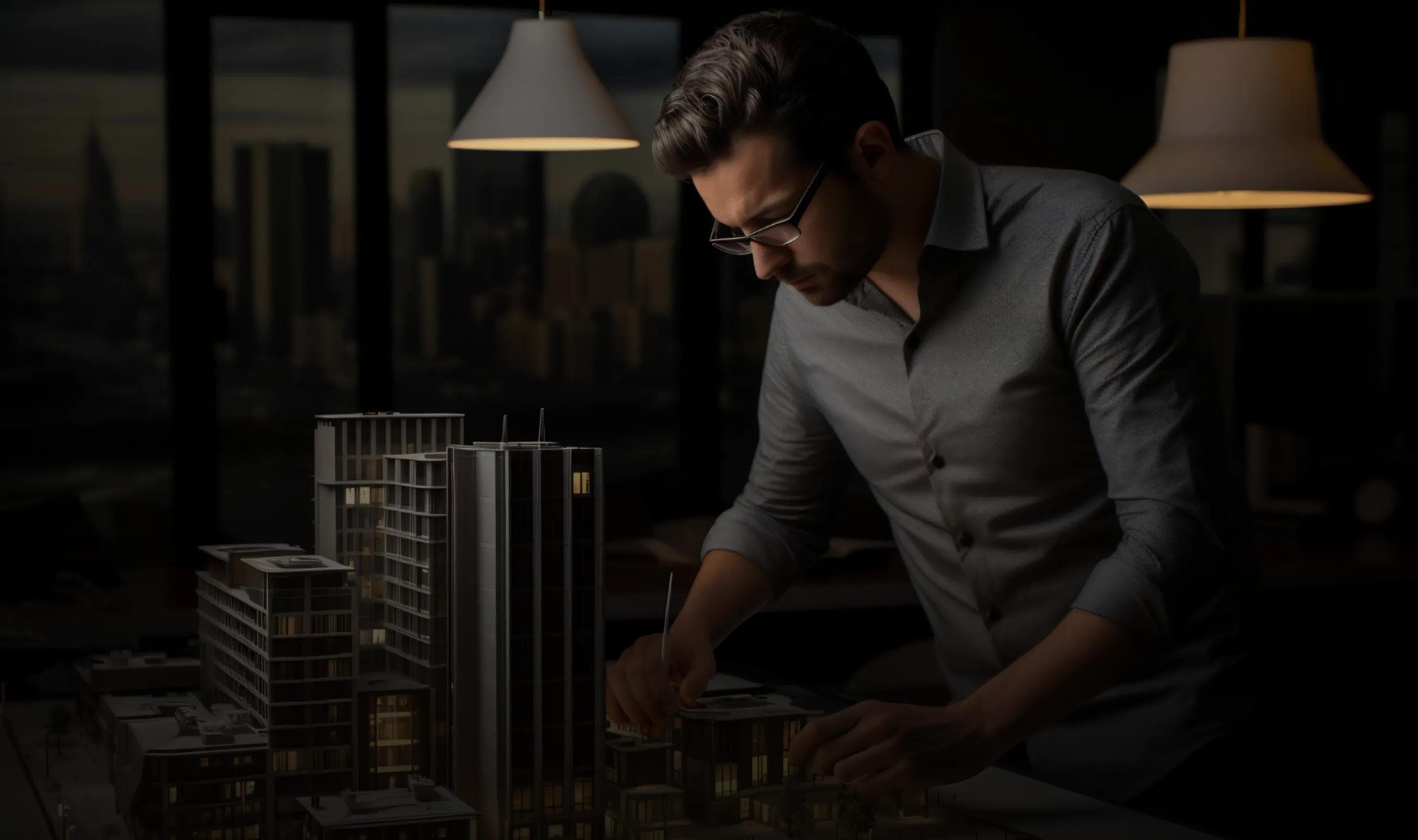 Hands holding holographic city buildings